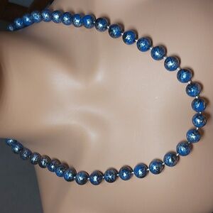 Vintage Dark Blue Silver Metallic Bead Necklace 24"